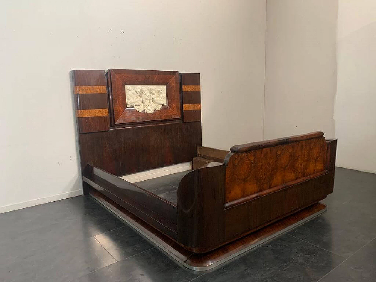 Art Deco bed in walnut and rosewood with carved headboard, 1920s 1213359