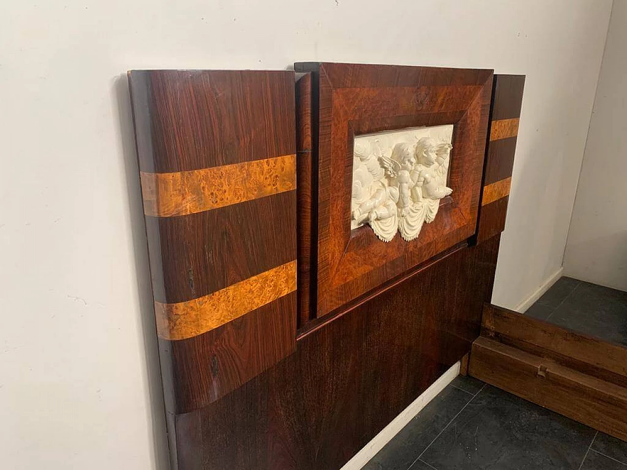 Art Deco bed in walnut and rosewood with carved headboard, 1920s 1213367