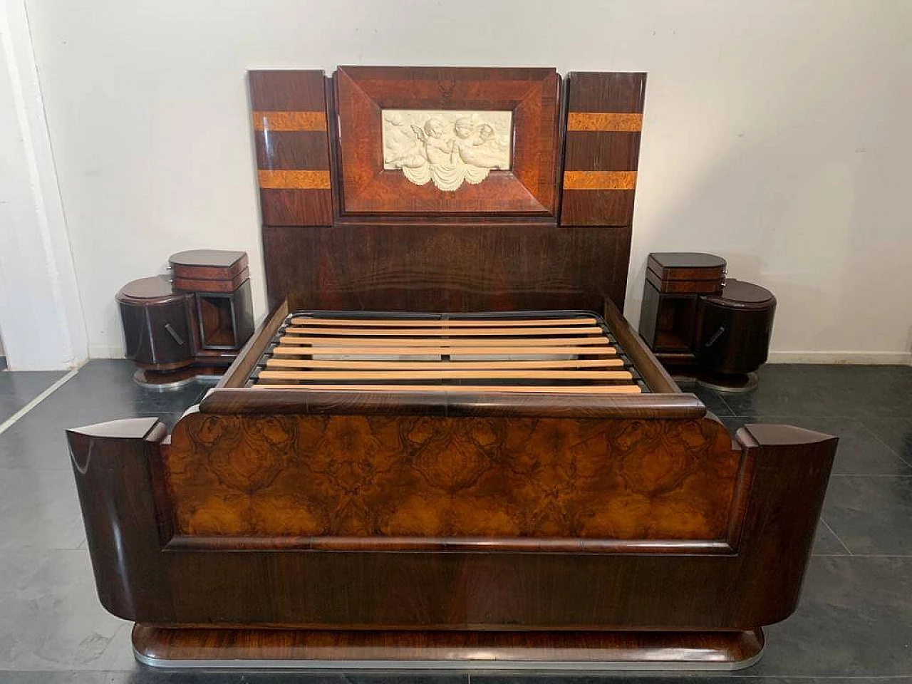 Art Deco bed in walnut and rosewood with carved headboard, 1920s 1213379