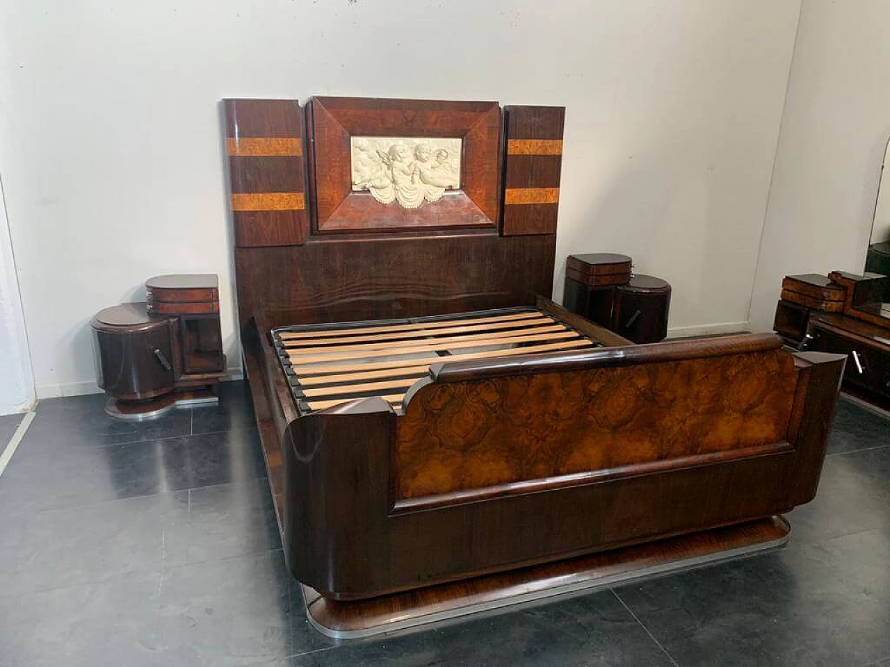 Art Deco bed in walnut and rosewood with carved headboard, 1920s 1213380