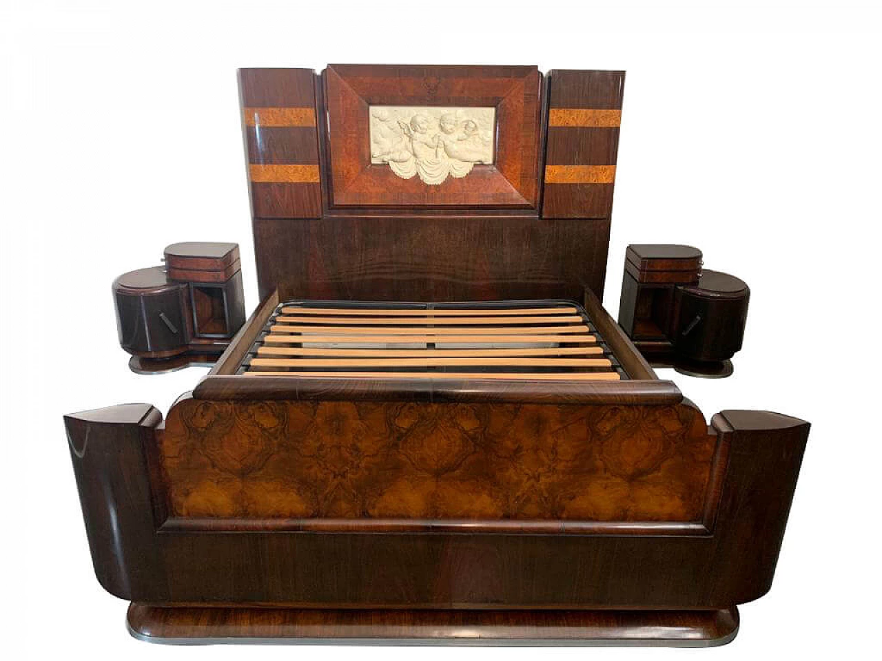 Bed and bedside tables in rosewood, walnut and carved cherubs, 20s 1213487