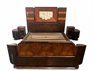Bed and bedside tables in rosewood, walnut and carved cherubs, 20s