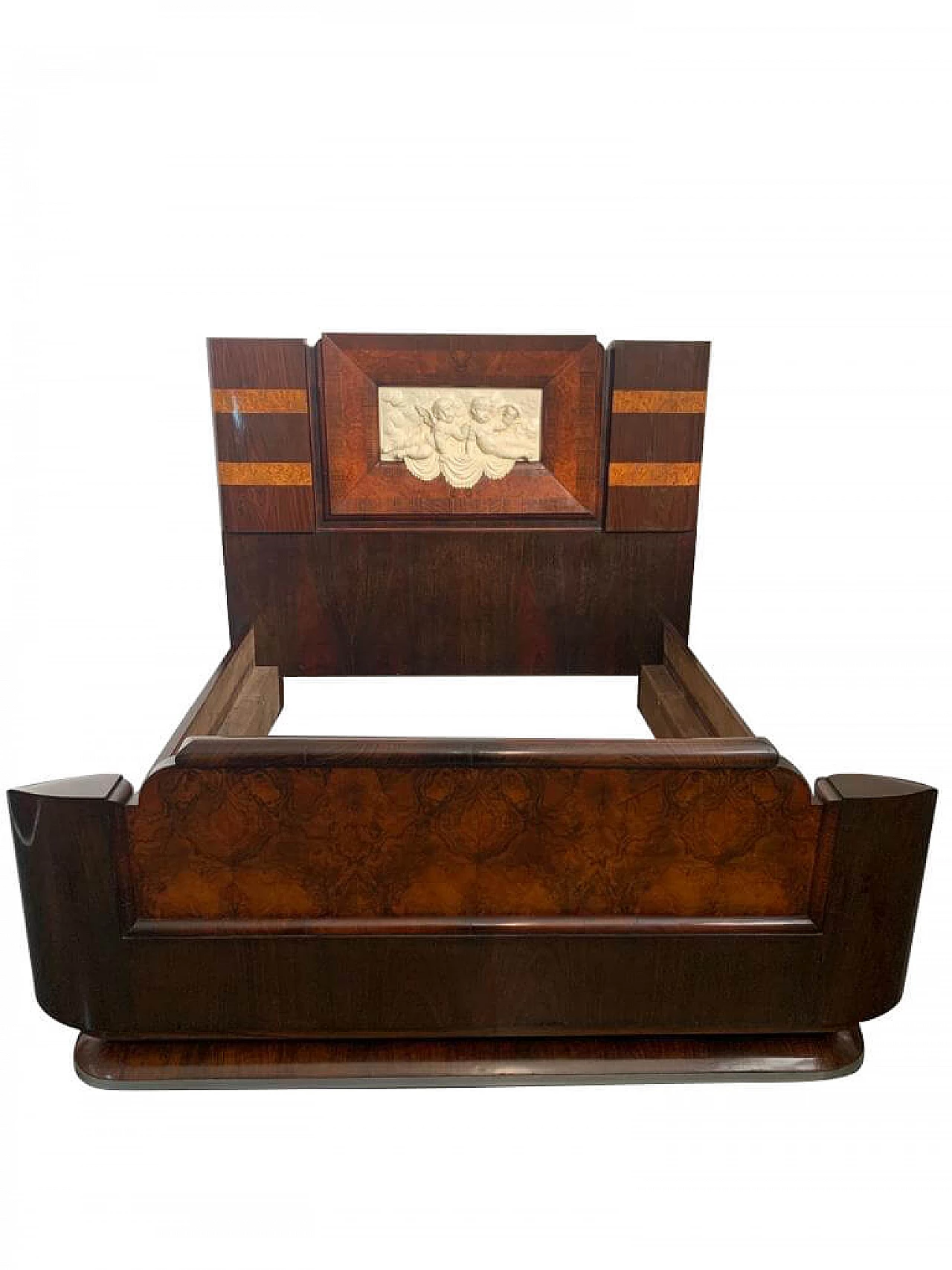 Art Deco bed in walnut and rosewood with carved headboard, 1920s 1213490