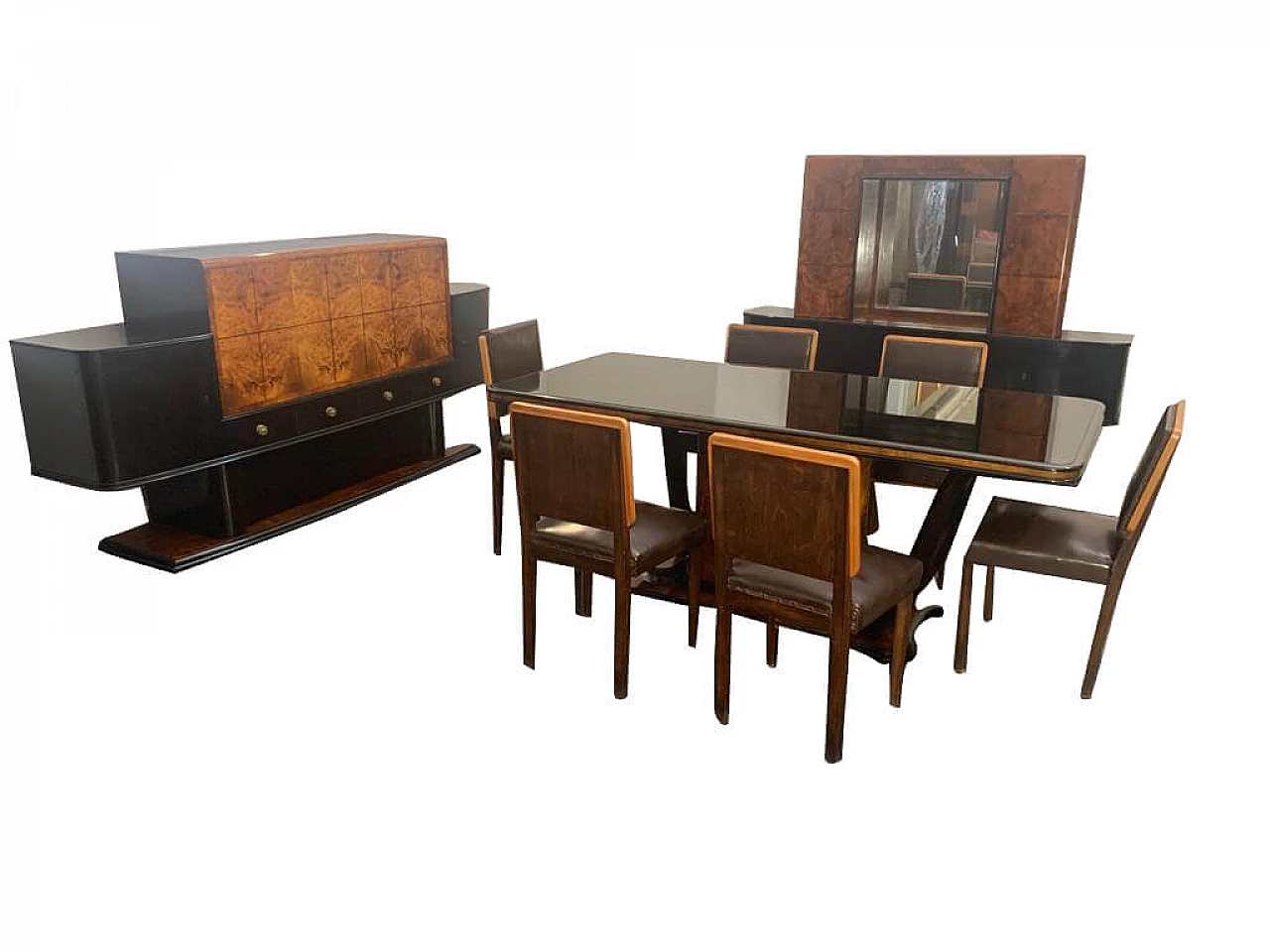 Set da salotto Art Deco con tavolo e 6 sedie, credenza e mobile bar, anni '30 1213582