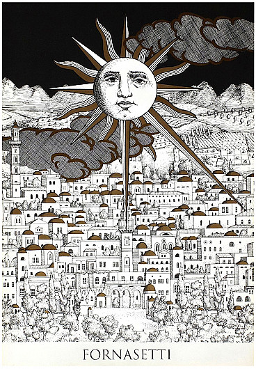 Screen-printed poster by Piero Fornasetti, Sun in Jerusalem, 1993