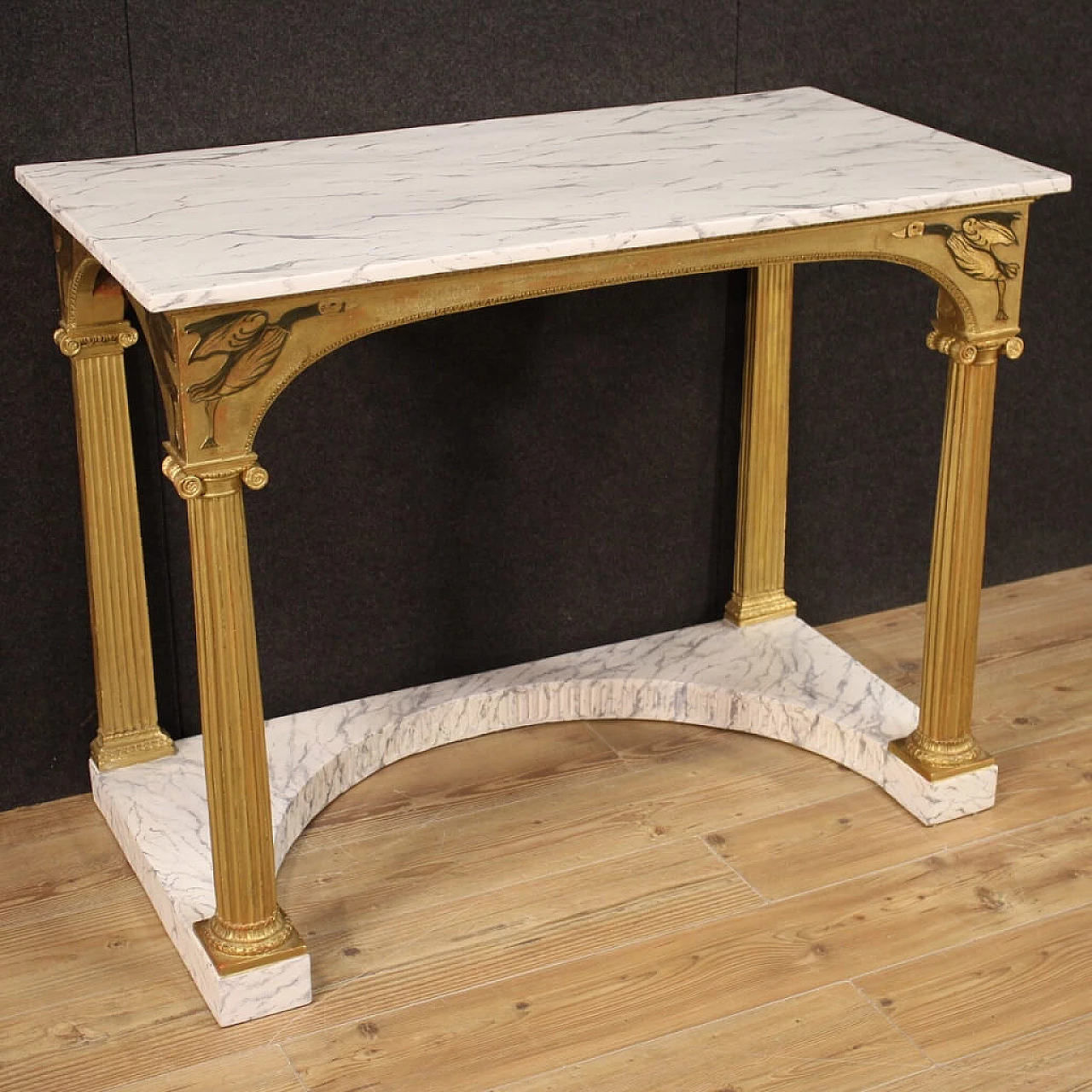 Large lacquered and gilded console with faux marble top 1214196