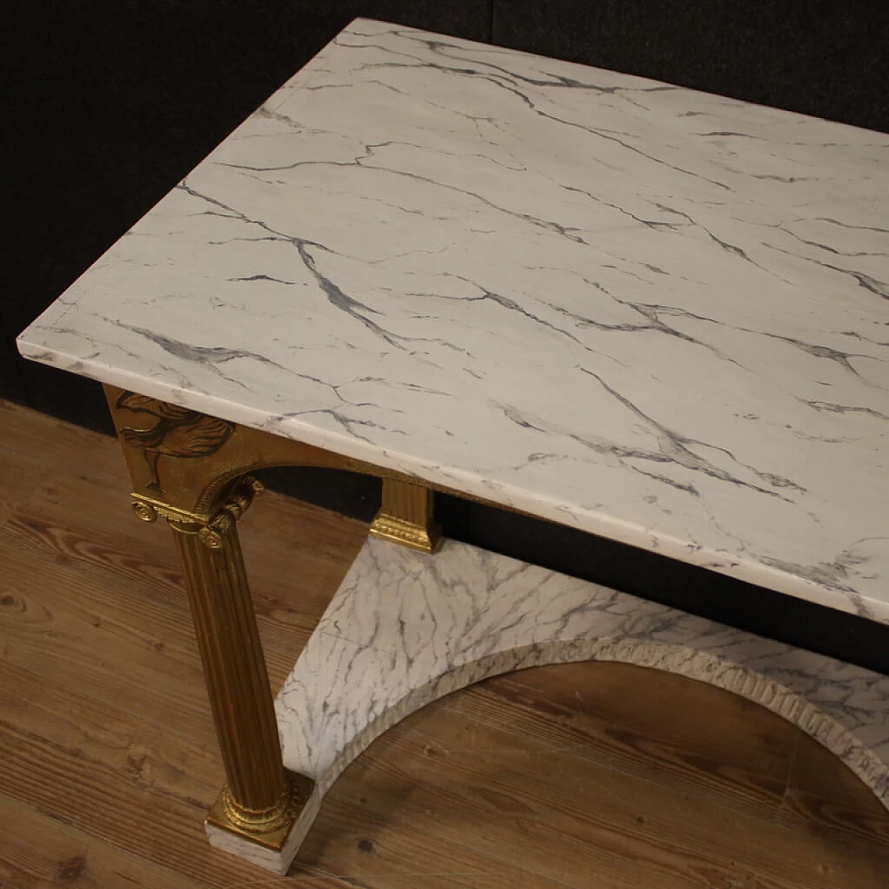Large lacquered and gilded console with faux marble top 1214202
