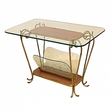 Tavolino portariviste in vetro e ottone, anni '50