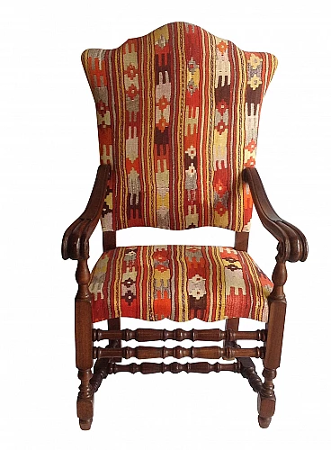 Rocchetto-style armchair in walnut and fabric, 1910s