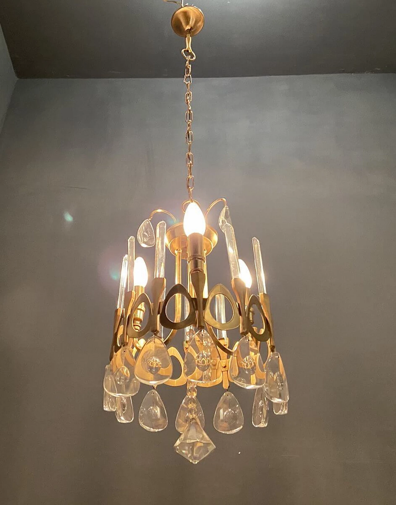 Chandelier in crystal and gilded metal attributable to Gaetano Sciolari, 70s 1214688