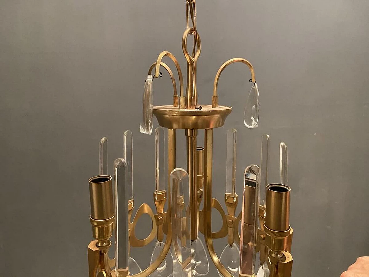 Chandelier in crystal and gilded metal attributable to Gaetano Sciolari, 70s 1214691