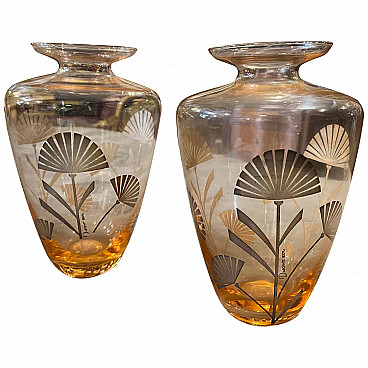 Pair of Art Deco vases in silver and orange glass, 30s