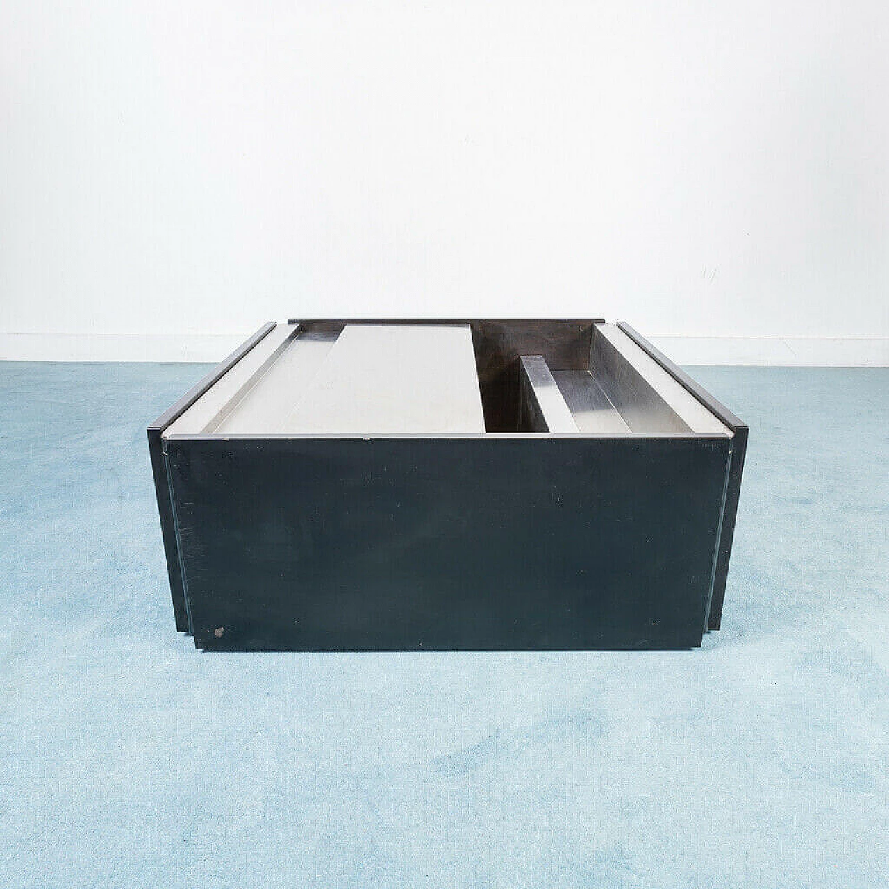Tavolino quadrato da centro in legno nero e metallo cromato, anni '70 1214917