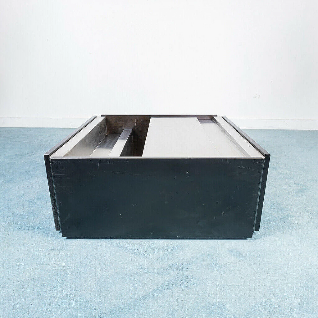 Tavolino quadrato da centro in legno nero e metallo cromato, anni '70 1214919