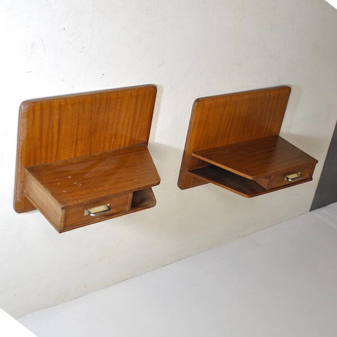 Pair of wall-mounted wooden bedside tables, 60s 1215879
