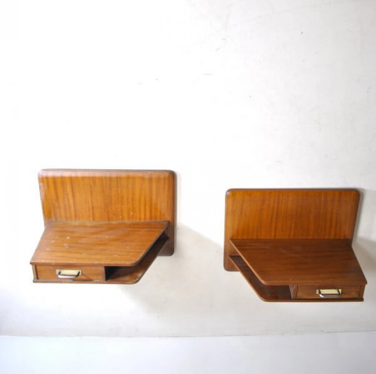 Pair of wall-mounted wooden bedside tables, 60s 1215882