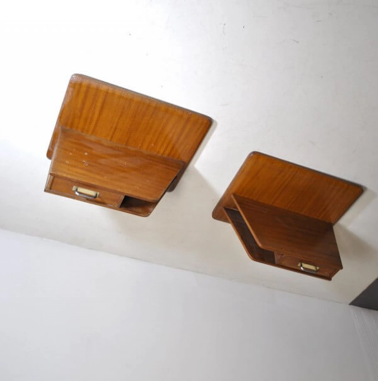 Pair of wall-mounted wooden bedside tables, 60s 1215883