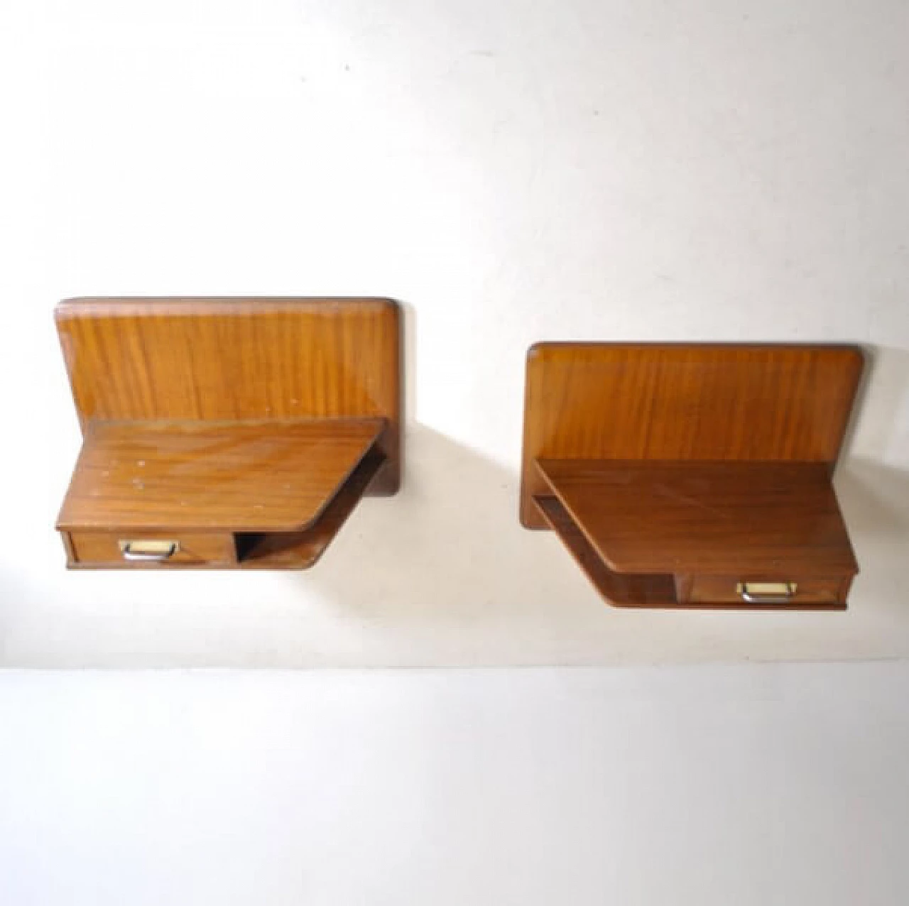 Pair of wall-mounted wooden bedside tables, 60s 1215884