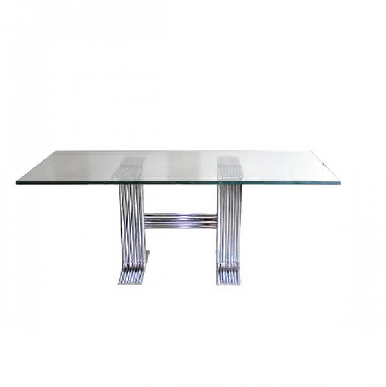 Dining table with base in tempered steel and glass, 70s 1216017