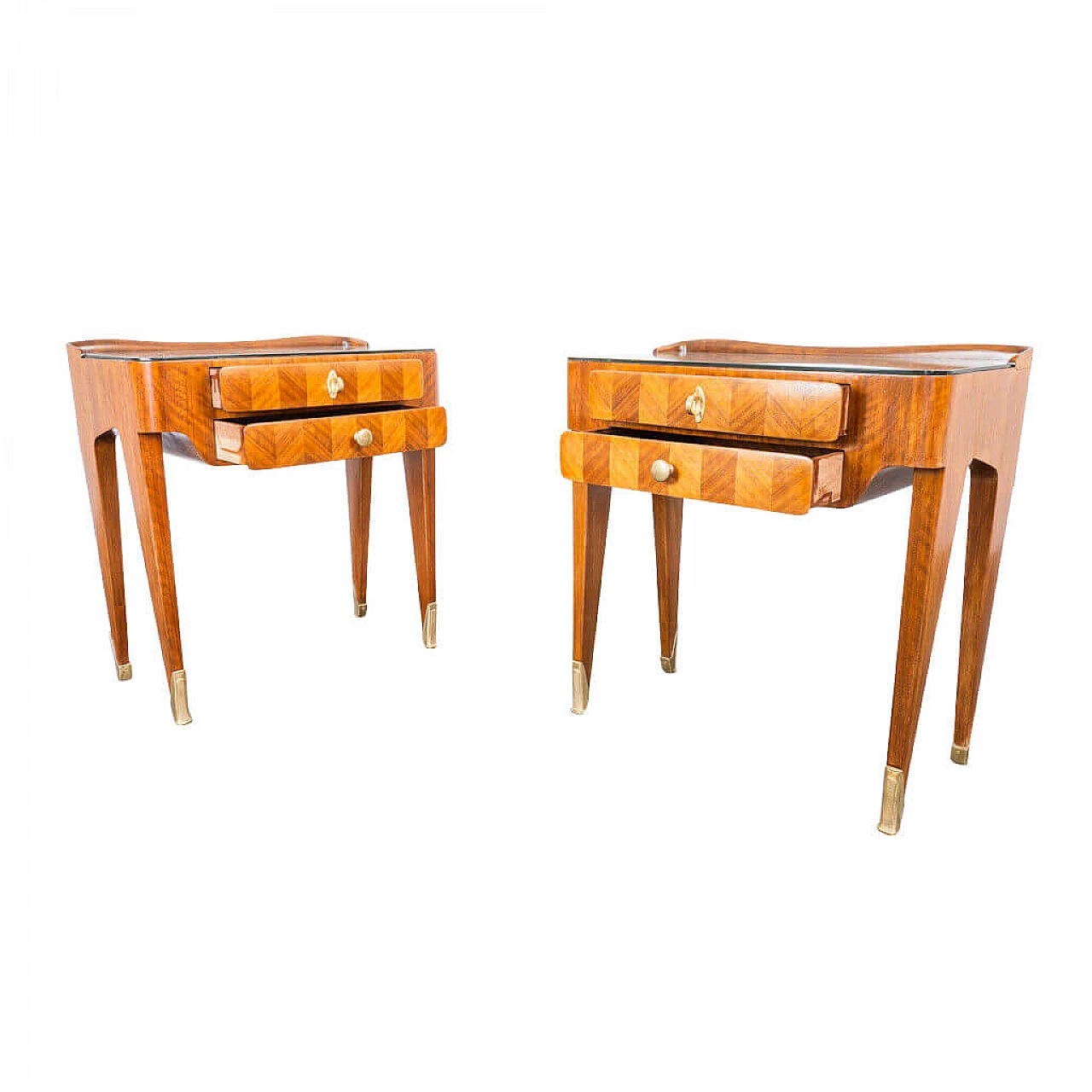 Pair of  Italian bedside tables in wood, glass and brass, 50s 1216287