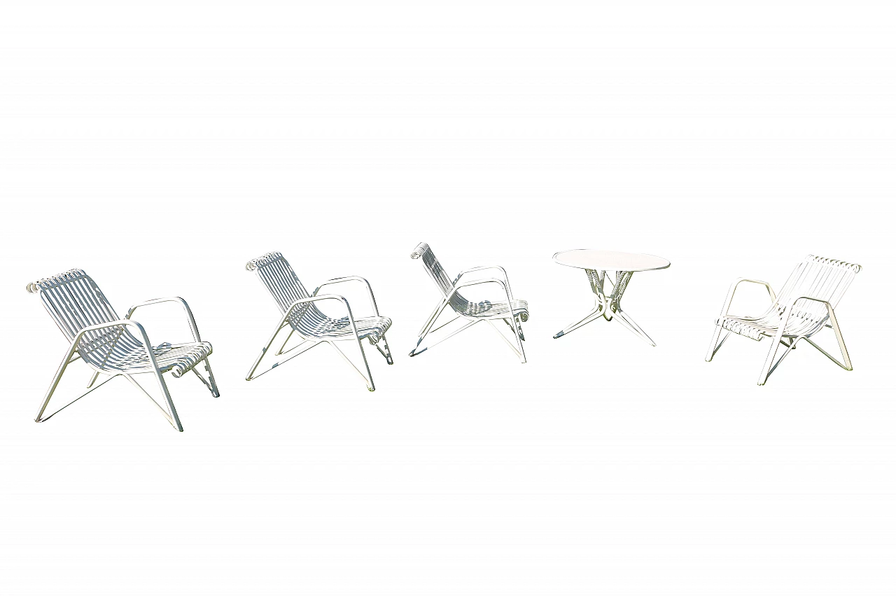 Set da giardino con 4 sedie e tavolino in metallo, anni '70 1216414