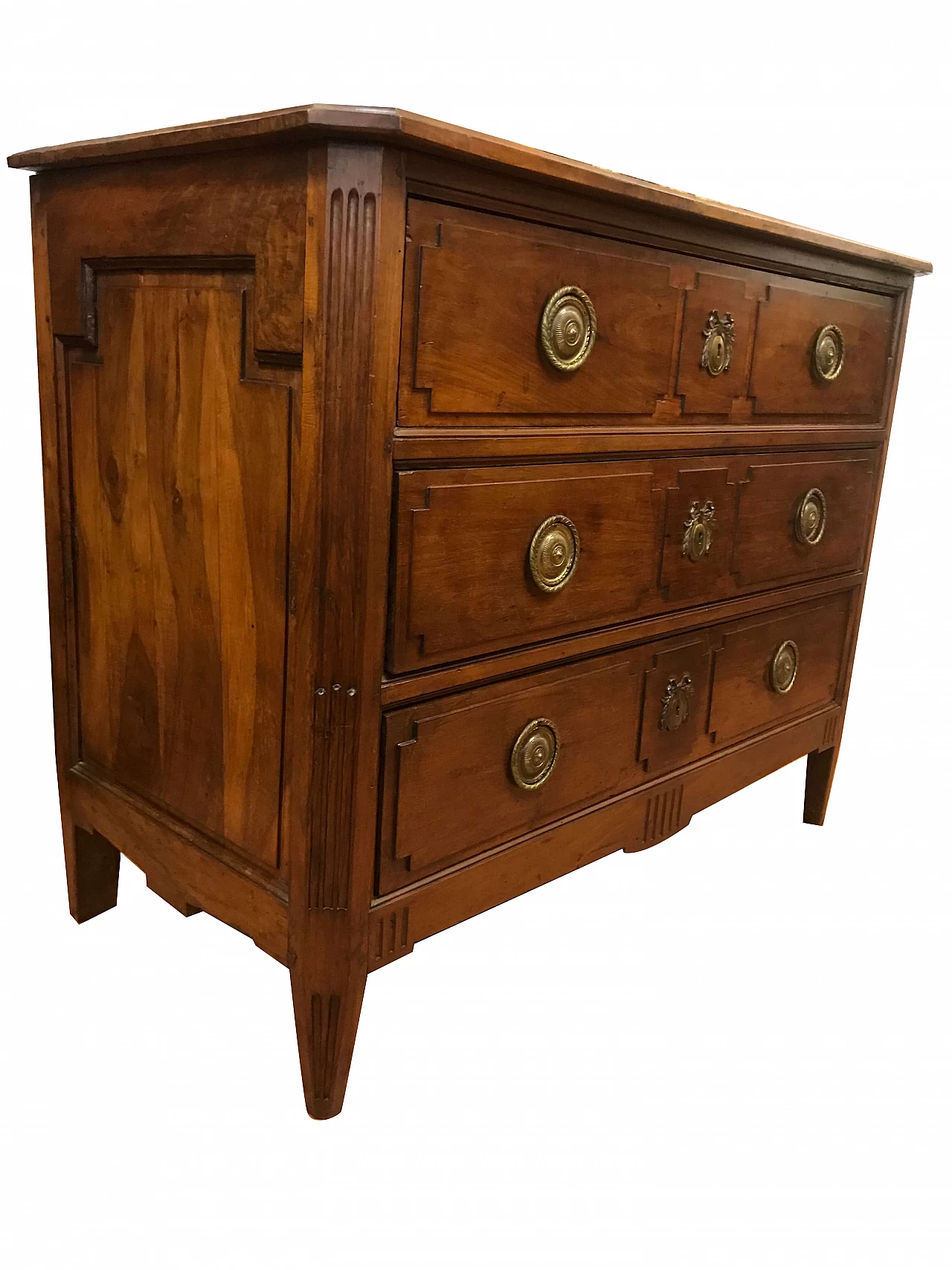 Comò Luigi XVI scolpito in noce massiccio con maniglieria in bronzo, Piemonte, originale '700 1216418