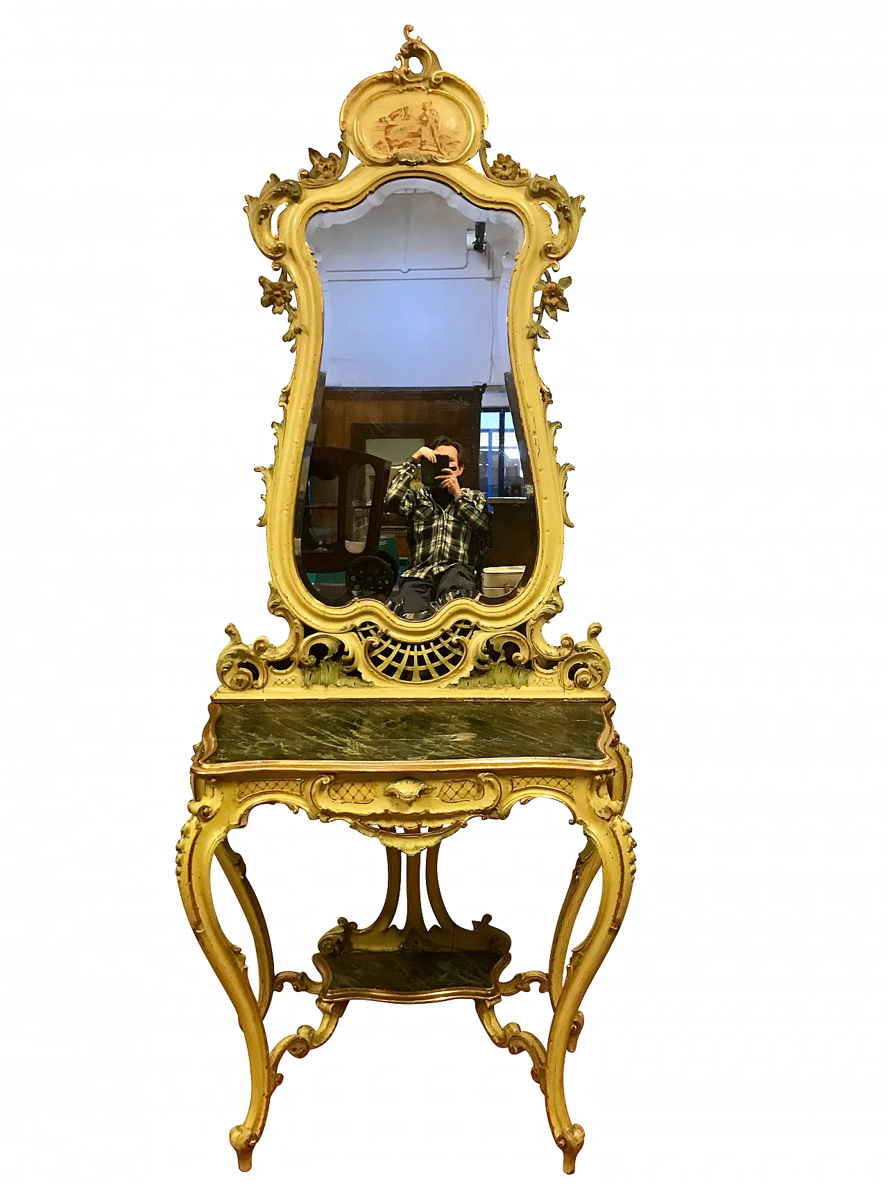 Consolle Veneziana laccata e dipinta con profili dorati, piani laccati in finto marmo, originale '800 1216572