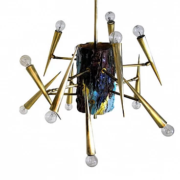 Ceramic and brass chandelier with adjustable lights by Leonardi Leoncillo for Lumi, 50s