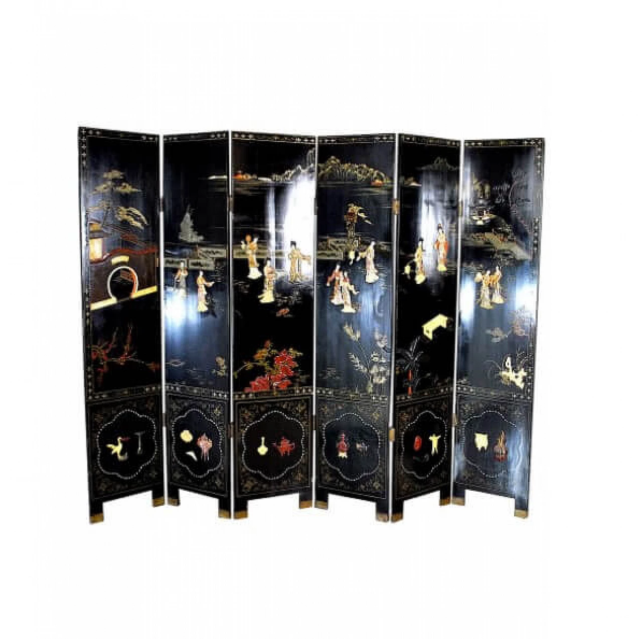 Paravento cinese Coromandel a sei ante con pietre prezione, '800 1216774