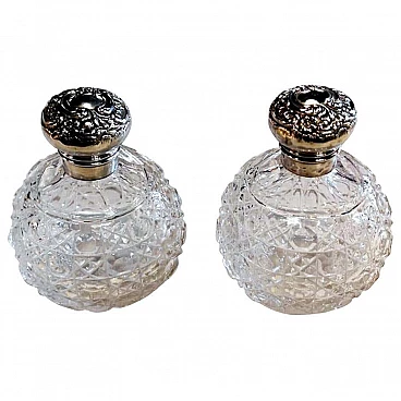 Pair of Victorian style  toilet flasks in ground crystal and silver, 10s
