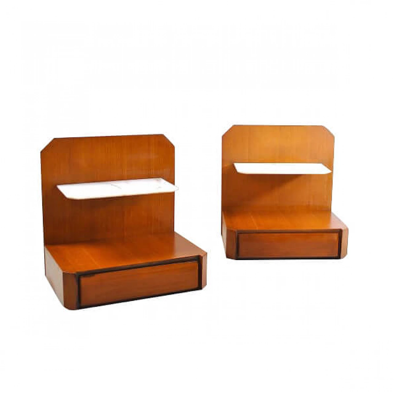 Pair of wall-mounted bedside tables in wood and marble, 60s 1217147