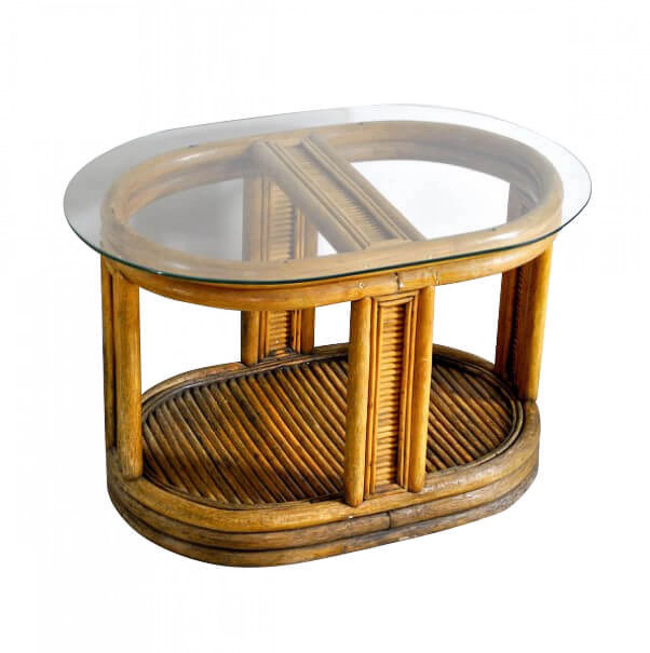 Tavolino ovale in bambù e canna, anni '40 1217184