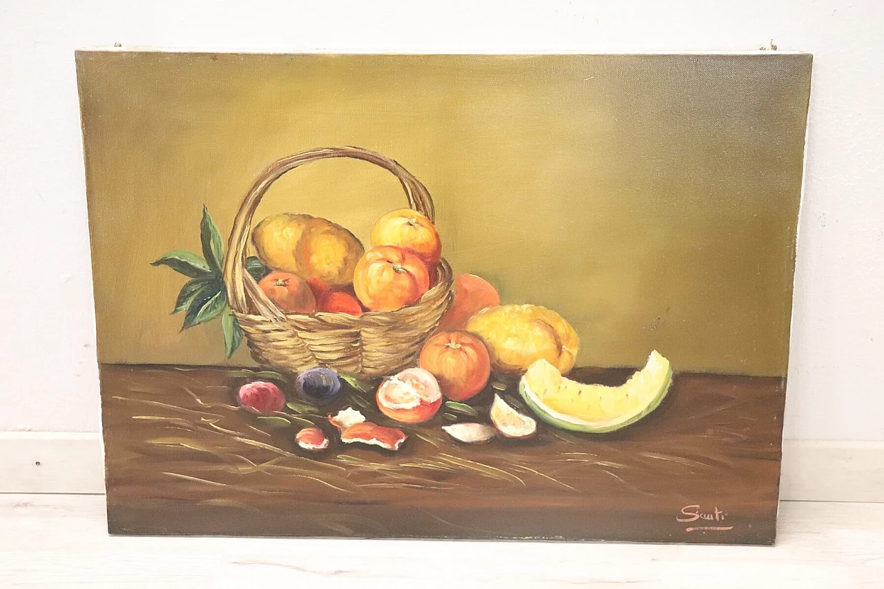 Dipinto olio su tela Cesto di frutta firmato Sotti Santino, anni '80 1217368