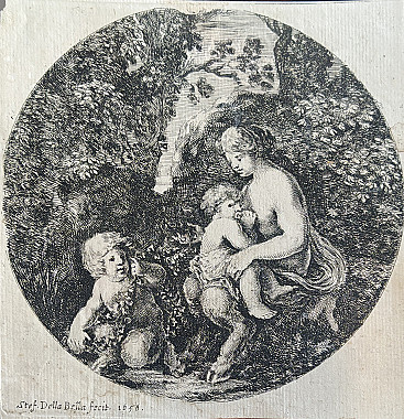 Acquaforte Satiro donna che allatta di Stefano Della Bella, 1656