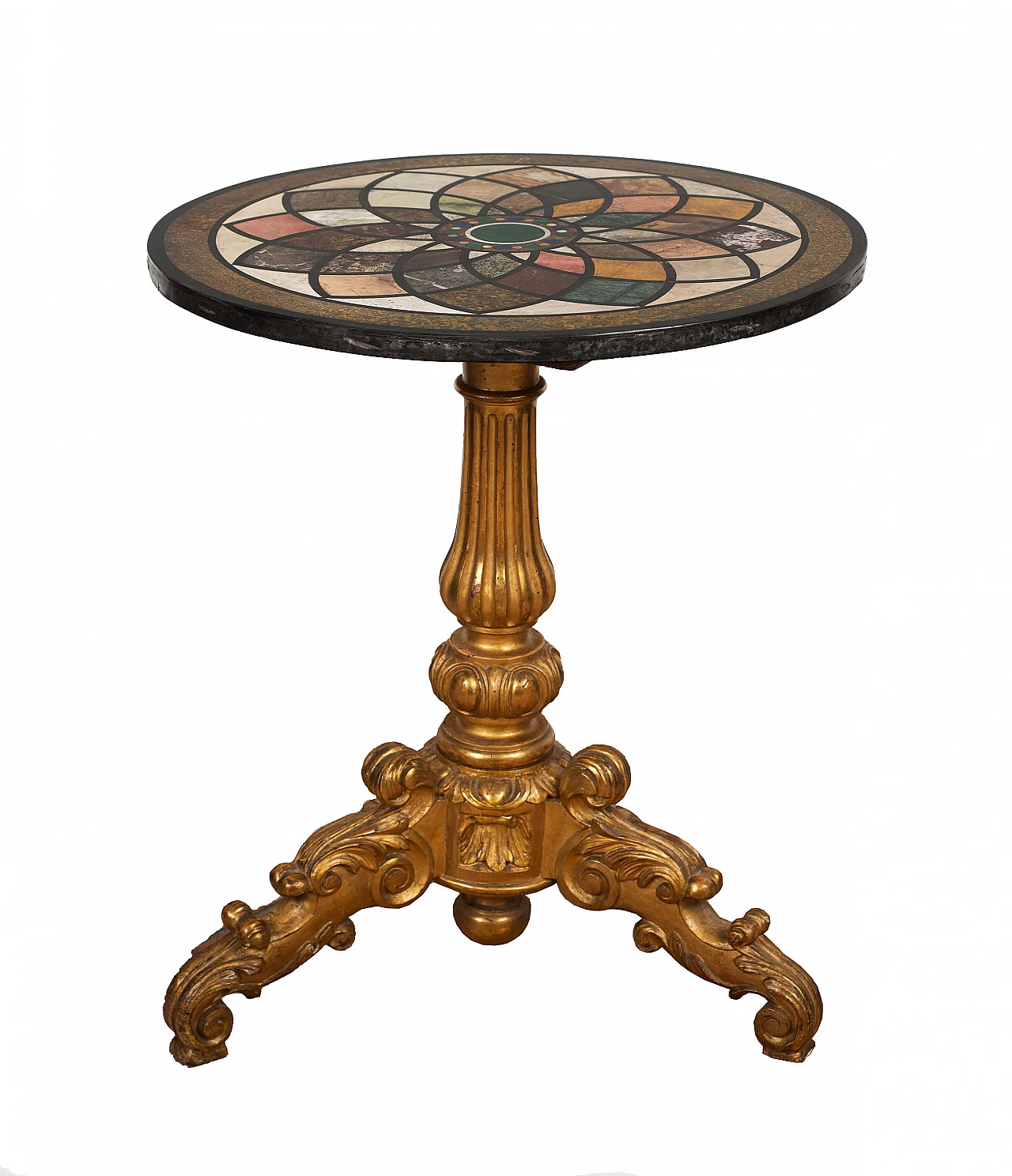 Tavolino antico Luigi Filippo Napoletano in legno dorato con piano in marmo policromo "Commesso" 1217991