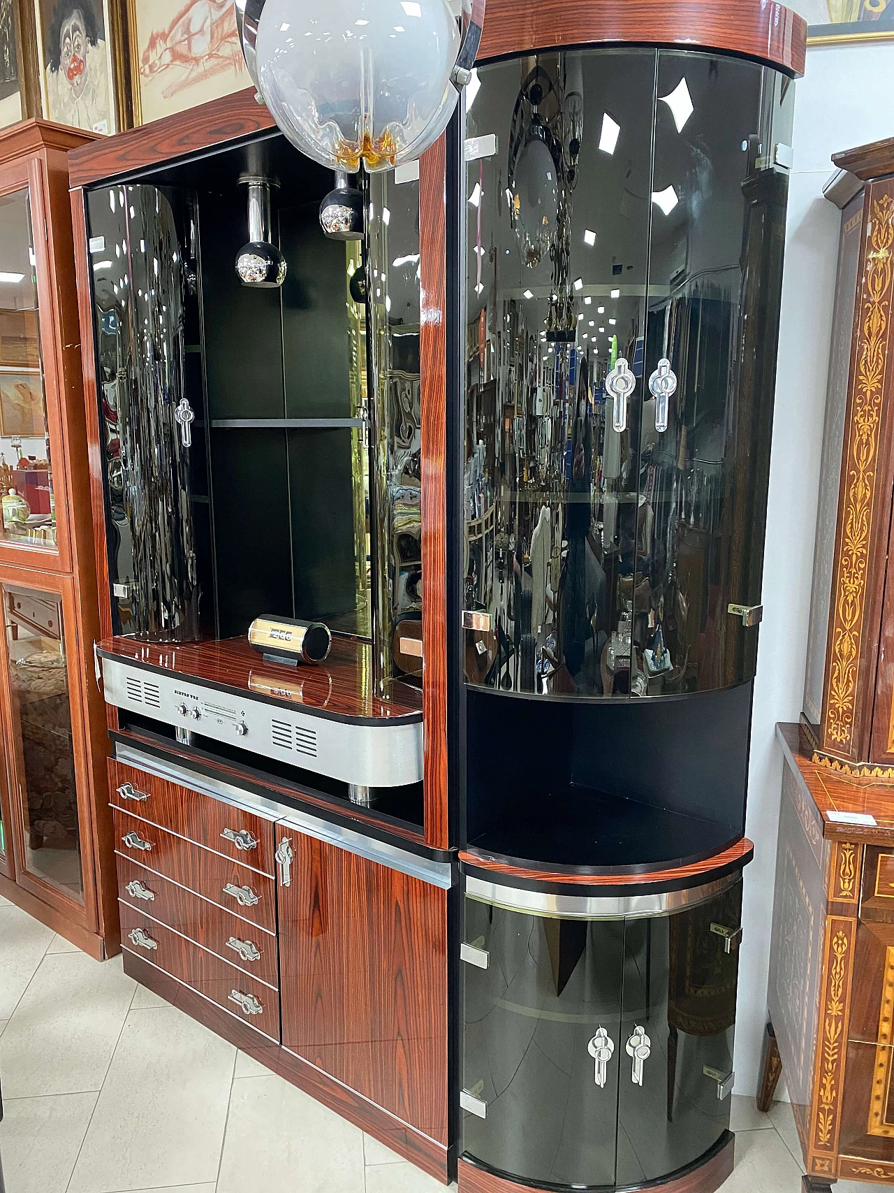 Mobile bar con radio in legno, acciaio e vetro, anni '70 1218078