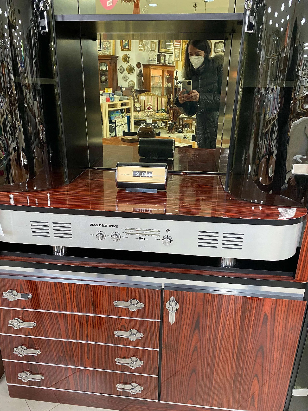 Mobile bar con radio in legno, acciaio e vetro, anni '70 1218079