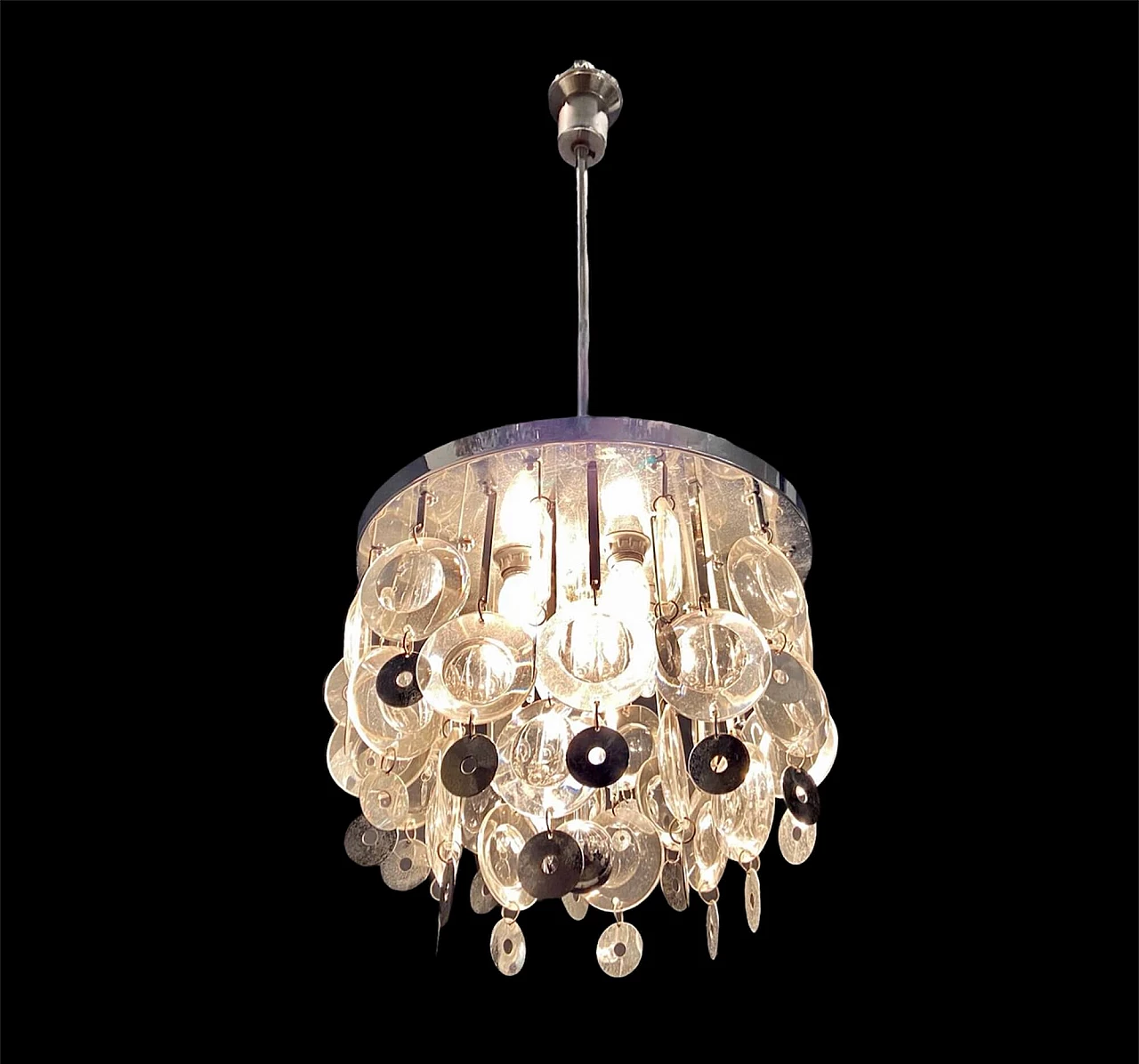 Chandelier in glass and chromed metal discs by Oscar Torlasco, 70s 1218234