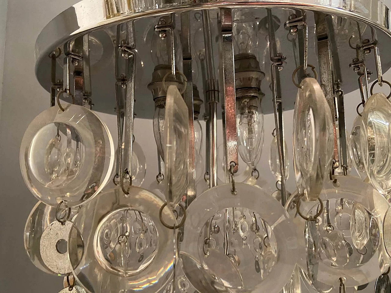 Chandelier in glass and chromed metal discs by Oscar Torlasco, 70s 1218236