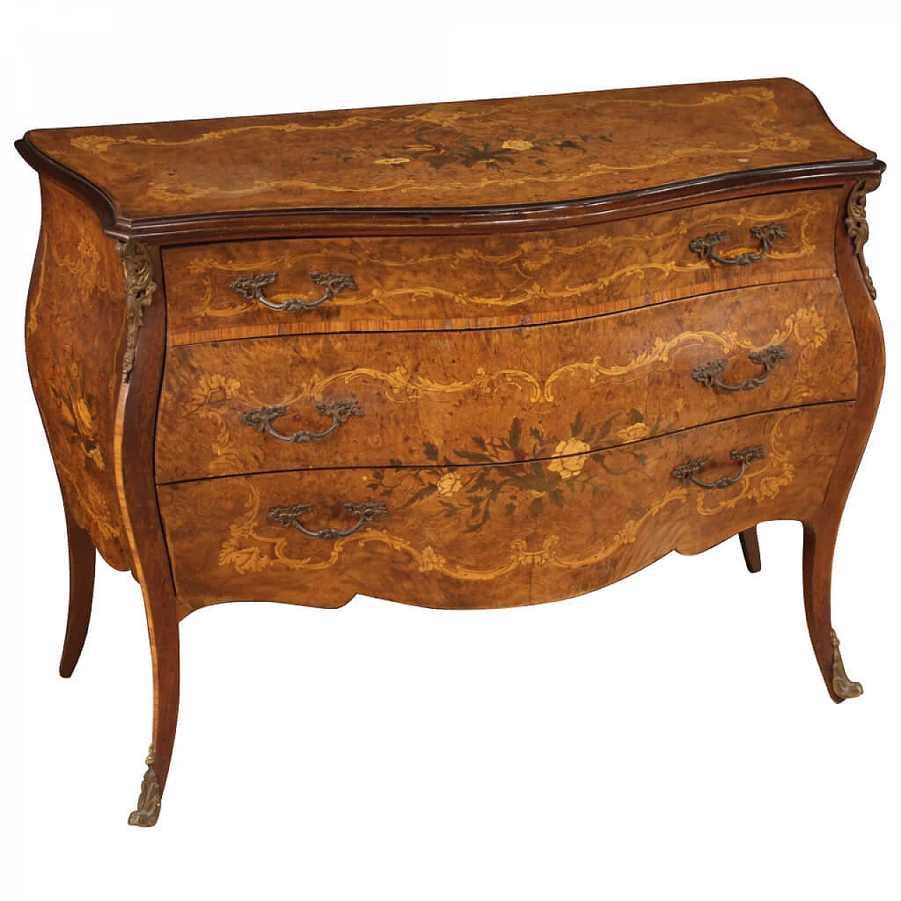 Inlaid Louis XV style chest of drawers in wood and brass, 60s 1218327