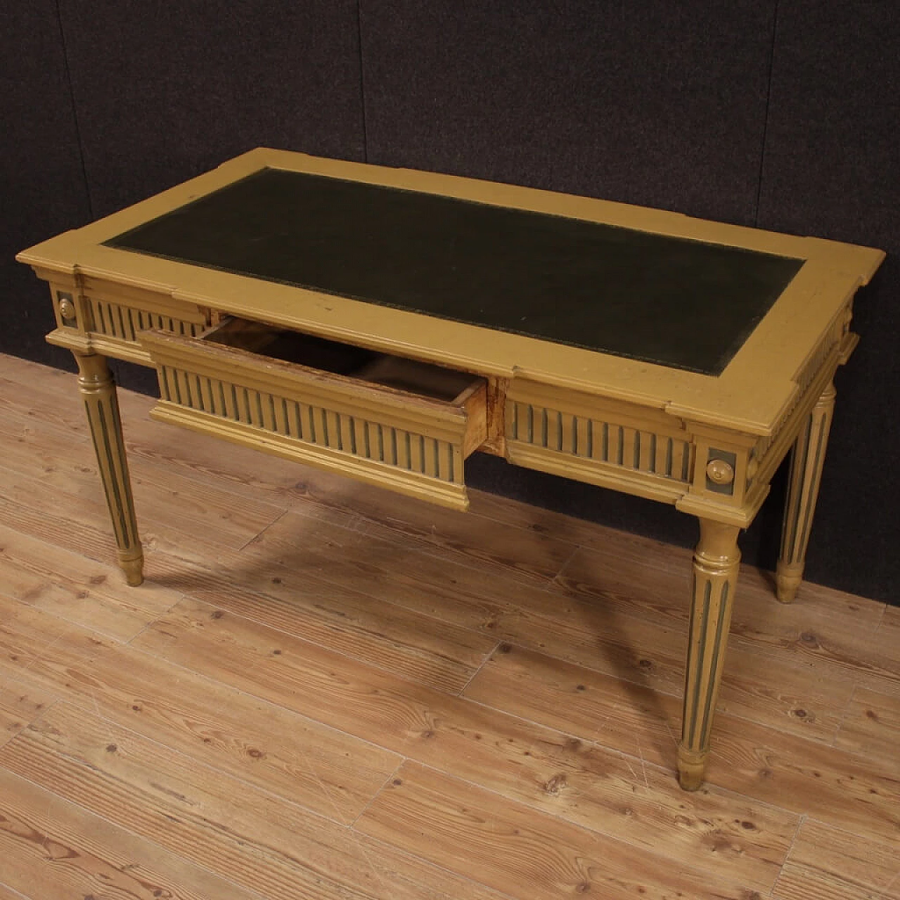 Louis XVI style writing desk in lacquered wood and faux leather top, 40s 1218569
