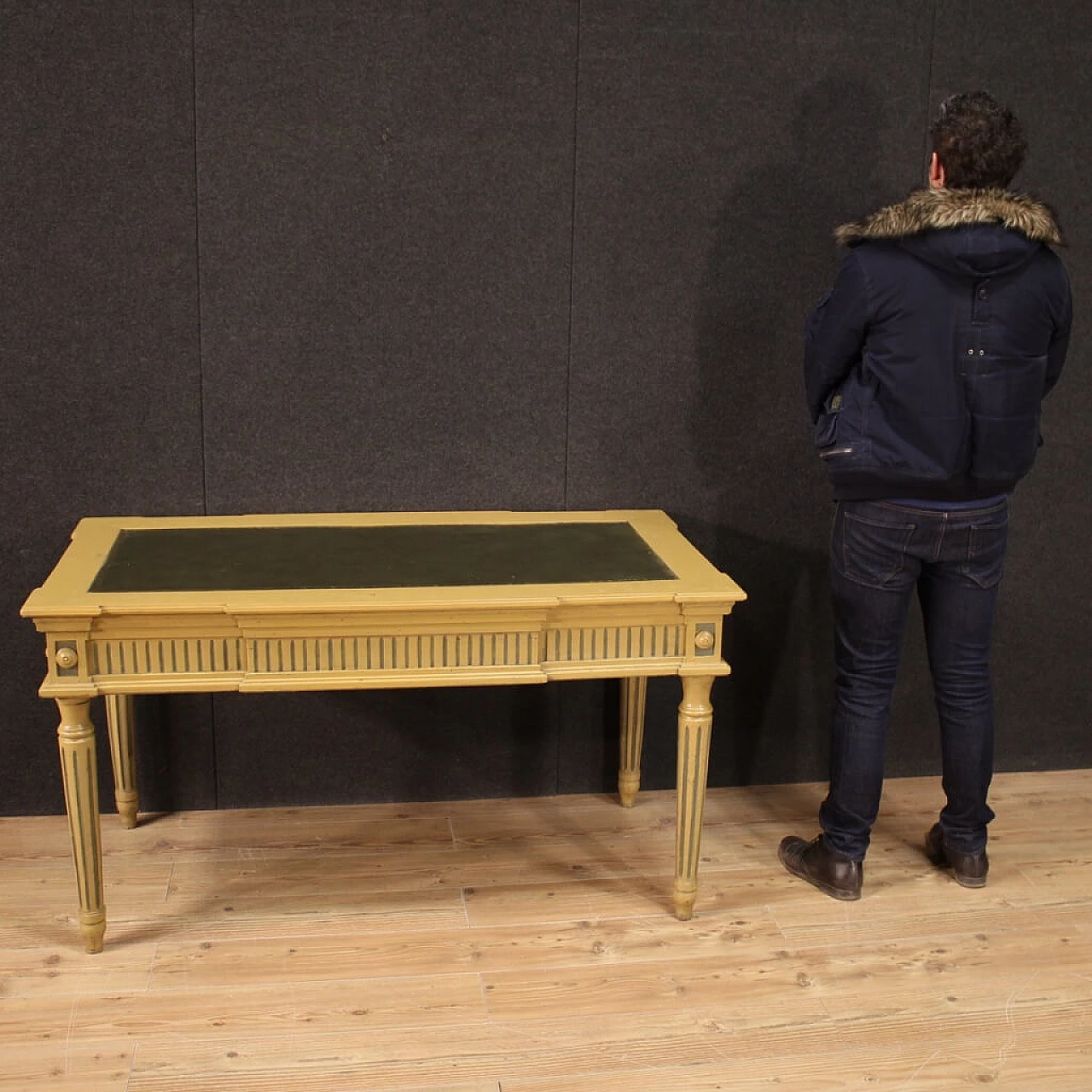 Louis XVI style writing desk in lacquered wood and faux leather top, 40s 1218576