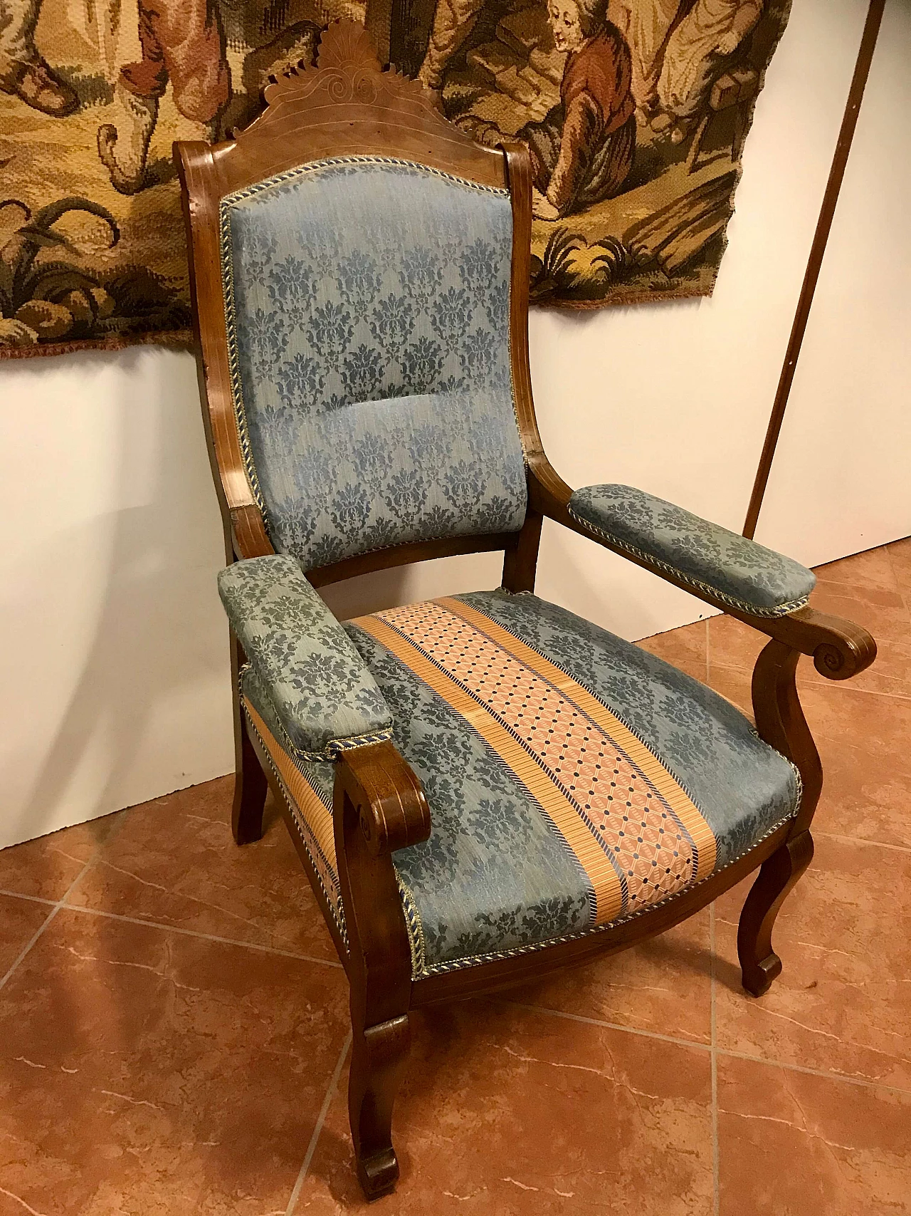 Lombard Charles X armchair in threaded walnut and inlaid maple, covered in fabric, beginning 19th century 1219311