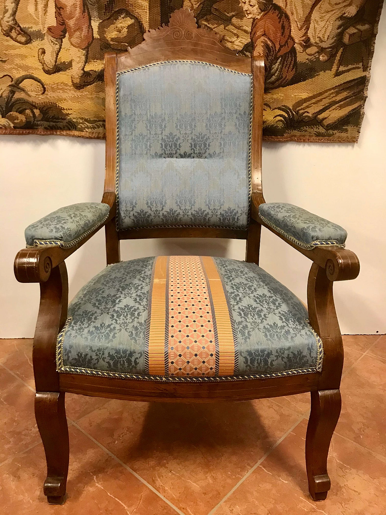 Lombard Charles X armchair in threaded walnut and inlaid maple, covered in fabric, beginning 19th century 1219313
