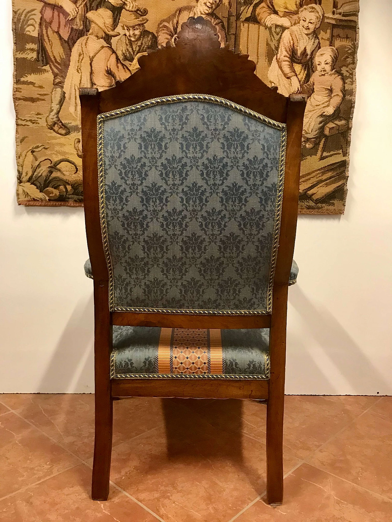 Lombard Charles X armchair in threaded walnut and inlaid maple, covered in fabric, beginning 19th century 1219315