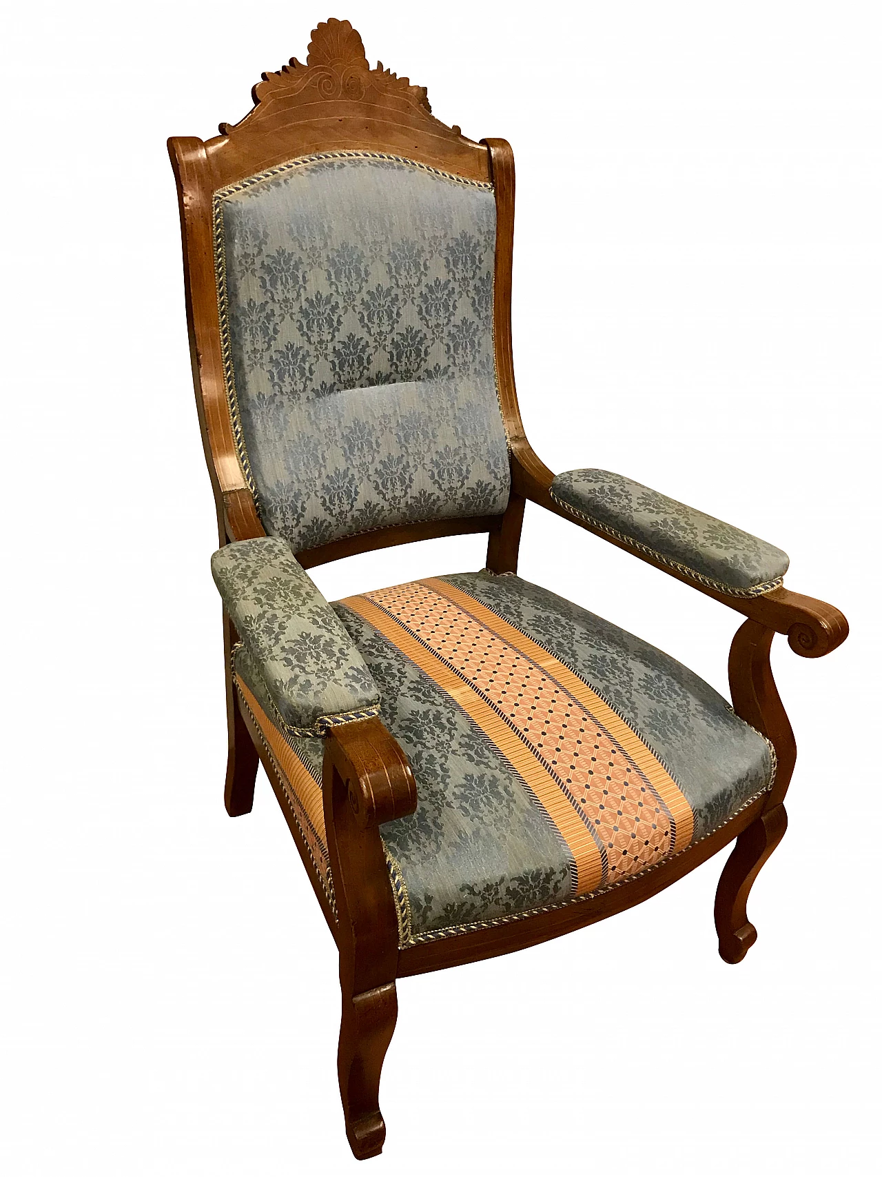 Lombard Charles X armchair in threaded walnut and inlaid maple, covered in fabric, beginning 19th century 1219512