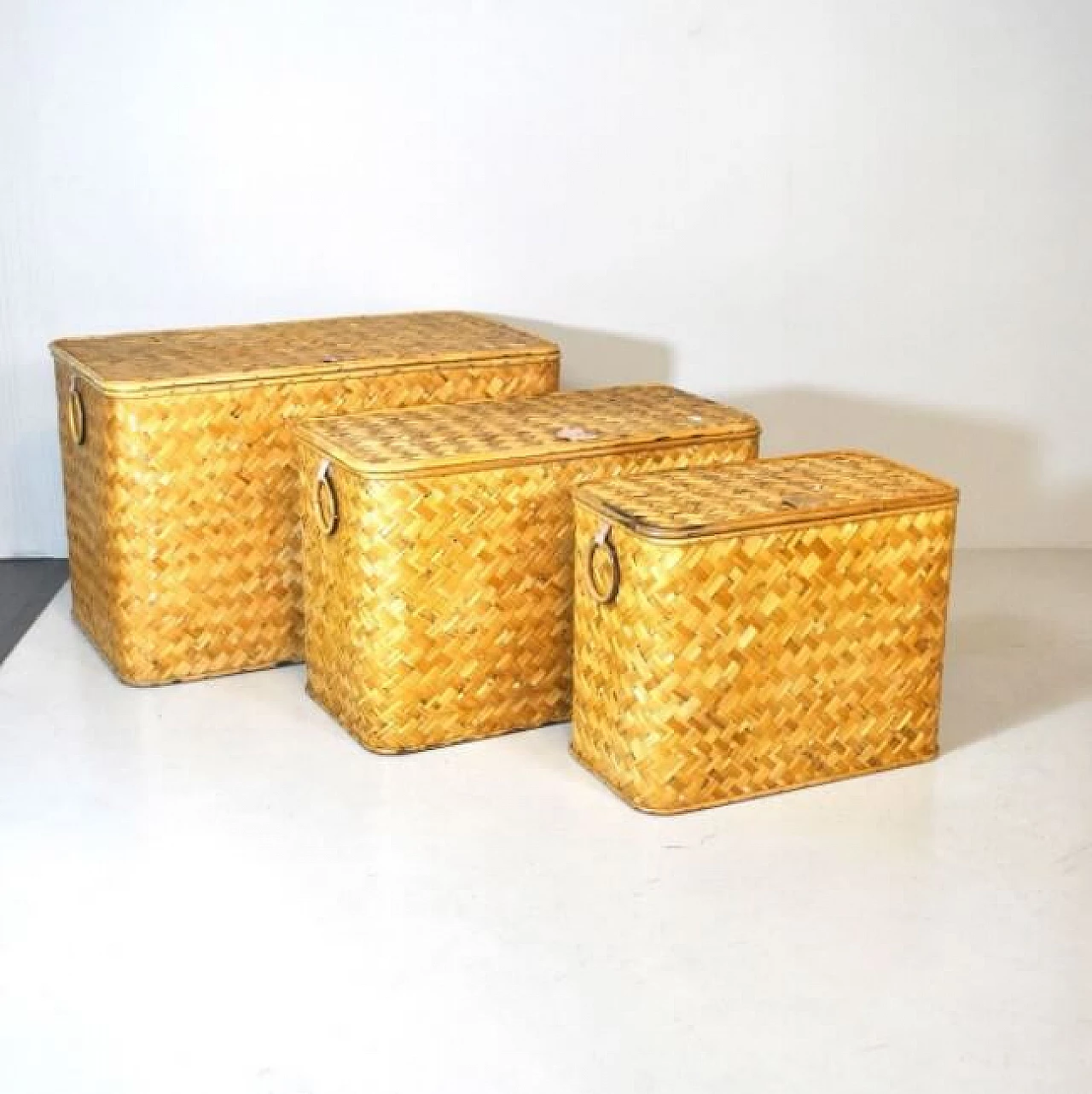 3 Wicker containers with brass handles, 60s 1219539