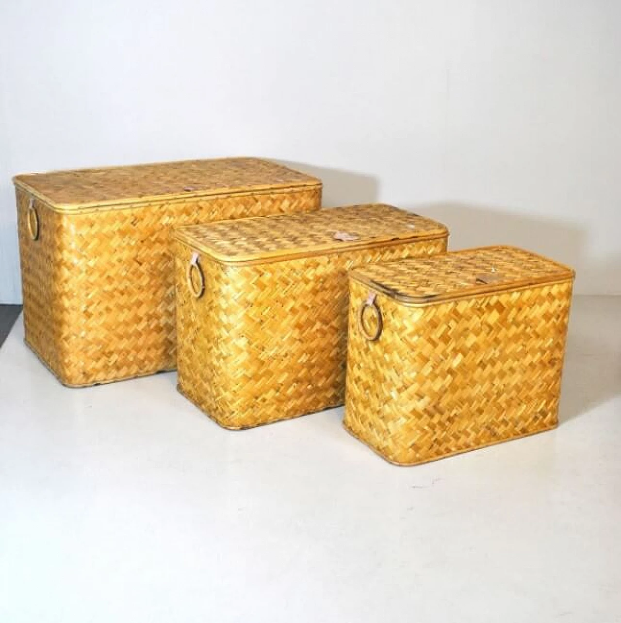 3 Wicker containers with brass handles, 60s 1219540