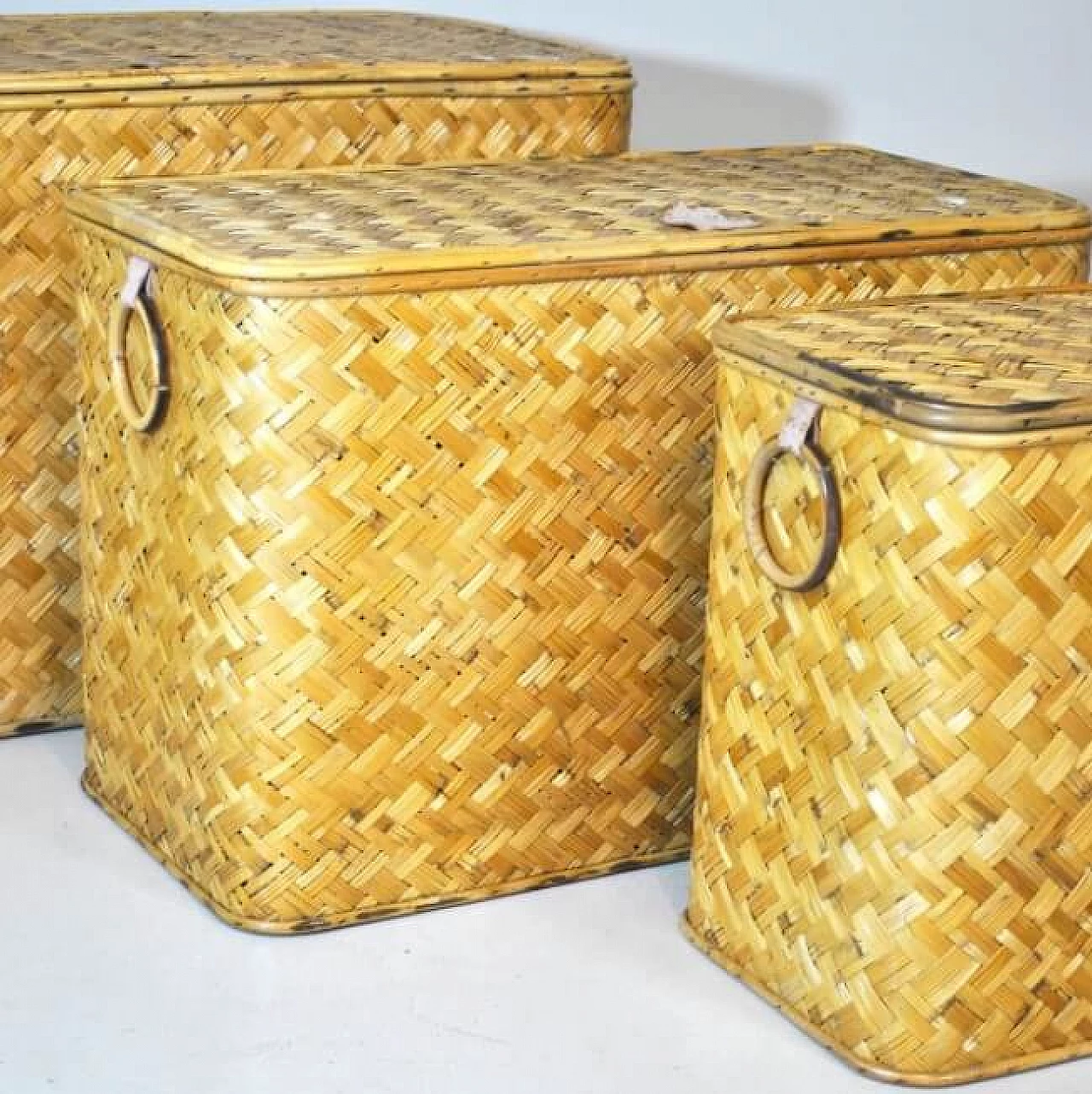 3 Wicker containers with brass handles, 60s 1219541