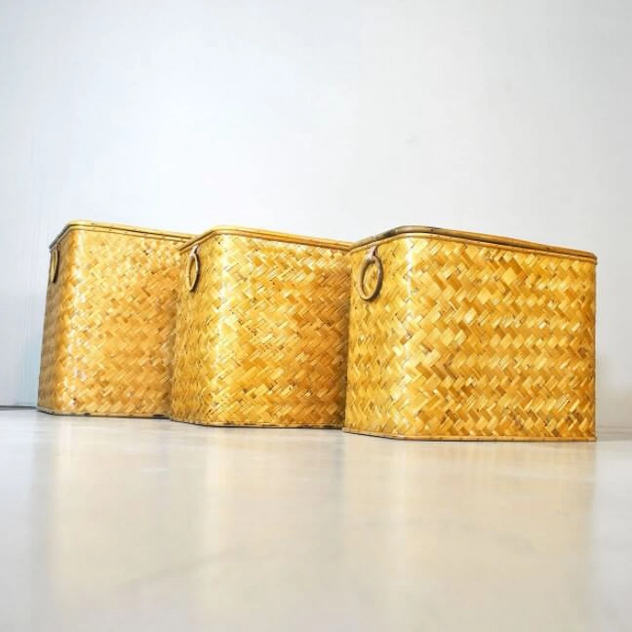 3 Wicker containers with brass handles, 60s 1219543